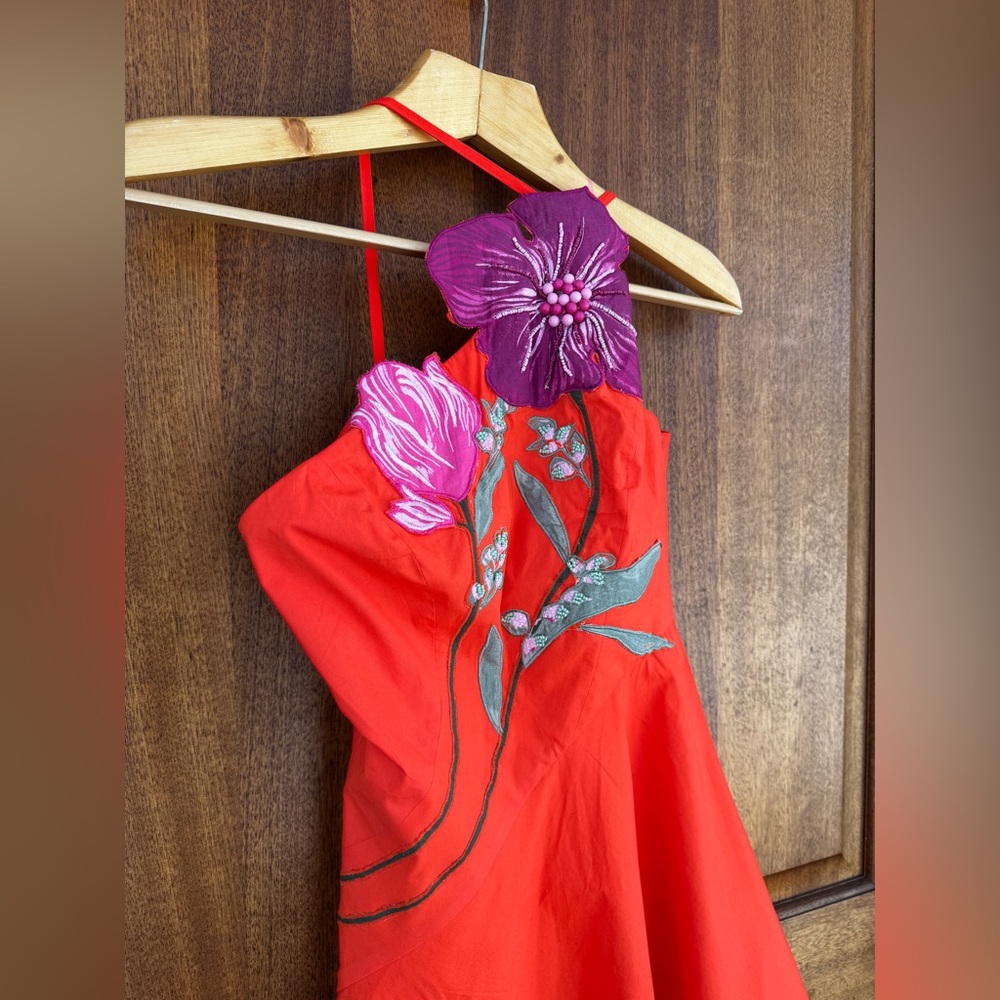 Anthropologie Asymmetric Red Sexy Floral Cocktail Party Dress Resort Wear 2 - Picture 12 of 14